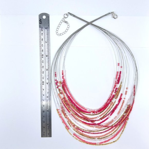 NWT - CJ & Banks - Coral & Pink Seed Bead Layered Silver Tone 18” Wire Necklace - Picture 9 of 9